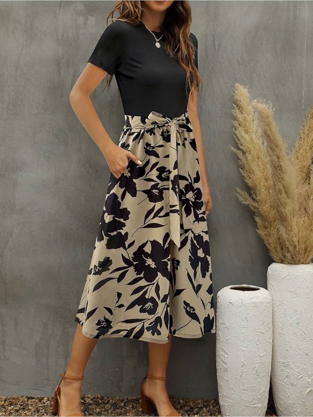 NWT Women’s Black & Cream Floral Midi Dress